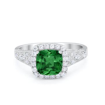 Cushion Art Deco Wedding Ring Simulated Green Emerald CZ 925 Sterling Silver